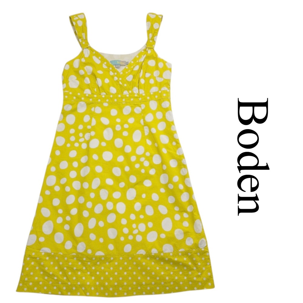 Boden Dress Womens 10‎ Yellow Cotton Polka Dot V-Neck A-Line Sun Summer Classic
